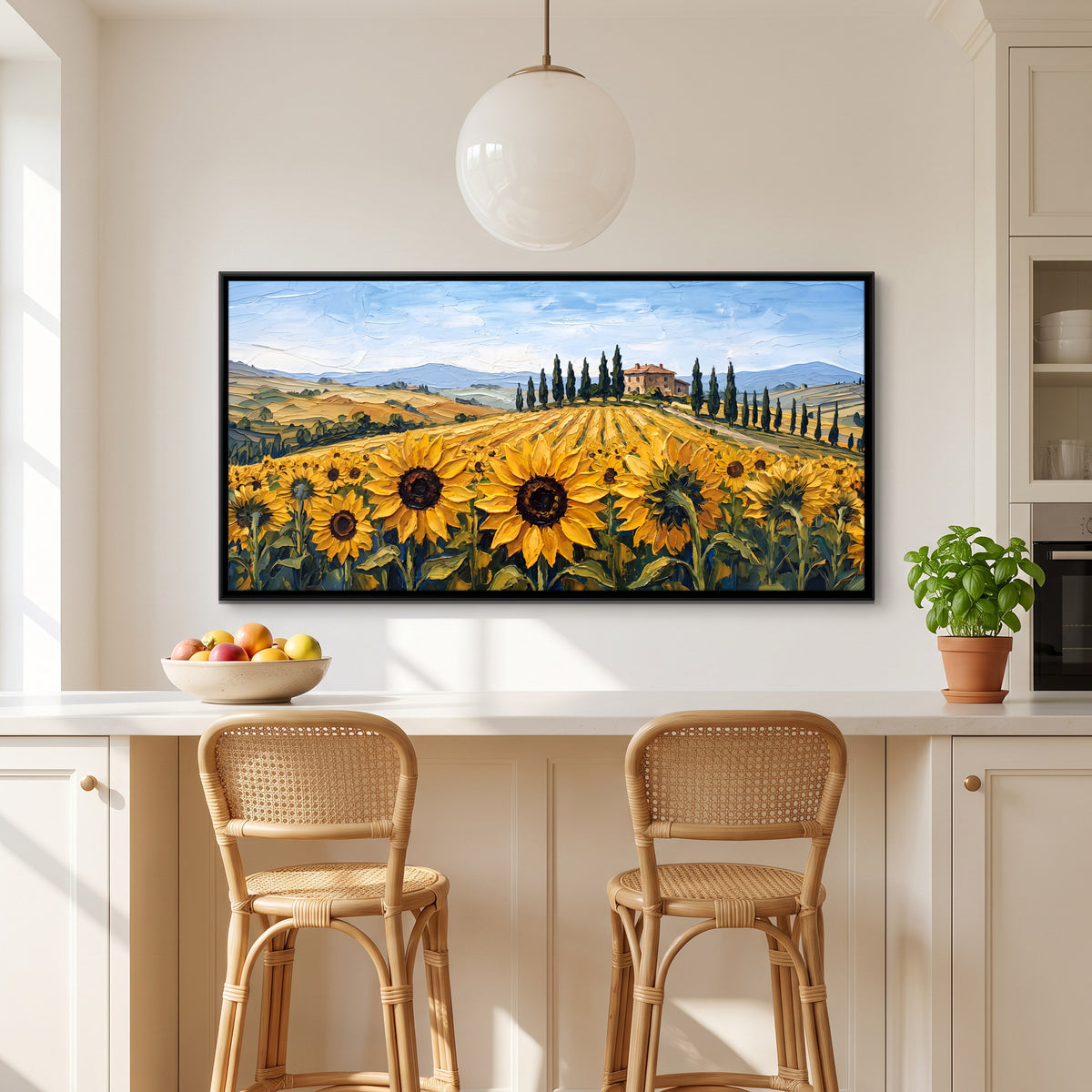 Sunflowers in Tuscany - canvas art shown in a styled room