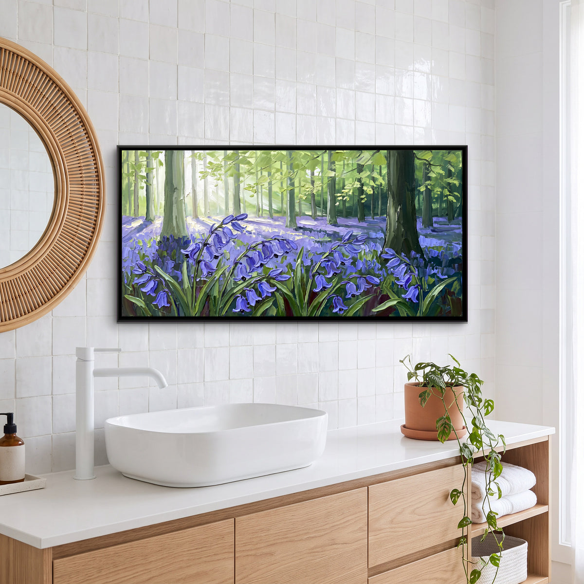 Bluebells in a Sunlit Wood - canvas art shown in a styled room