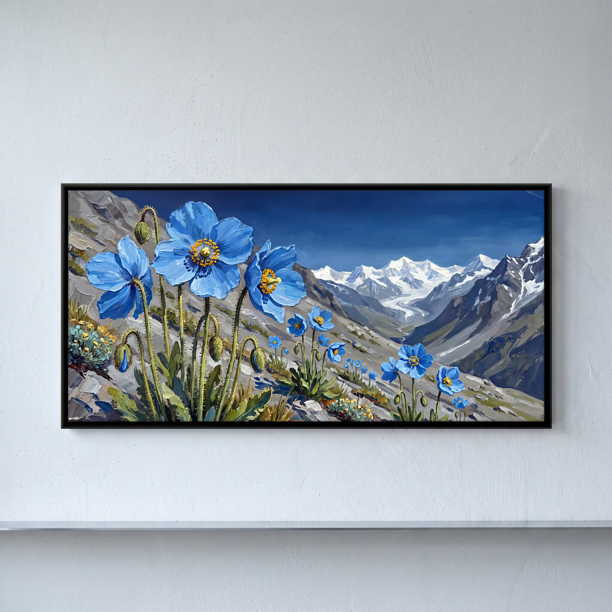Blue Poppies Above a Glacier - framed canvas art hung on a wall