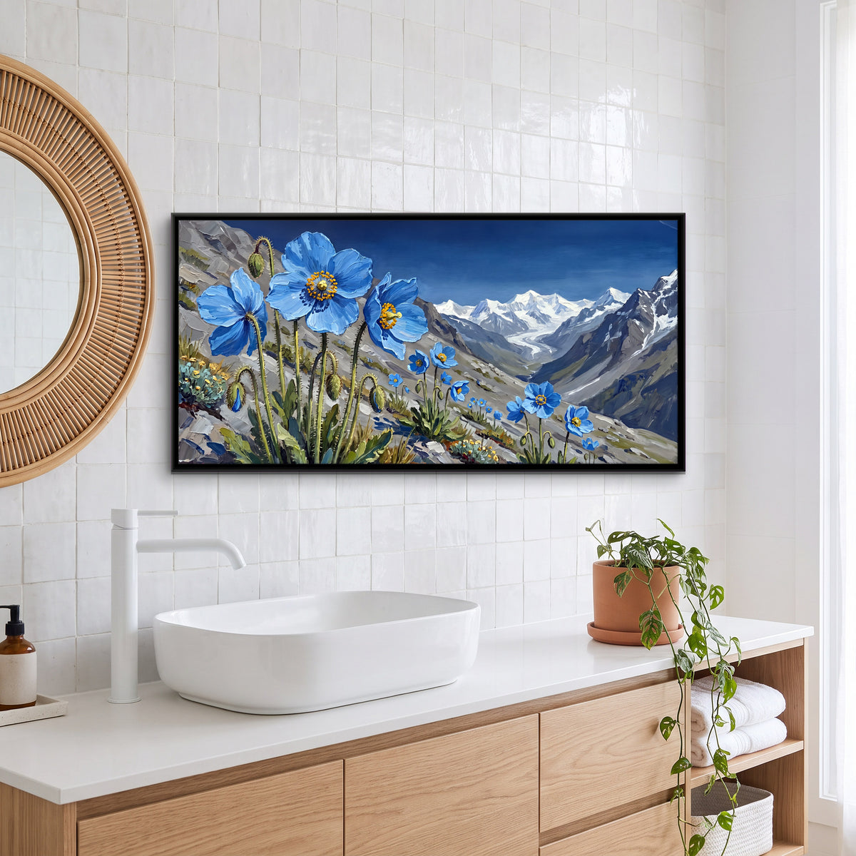 Blue Poppies Above a Glacier - canvas art shown in a styled room