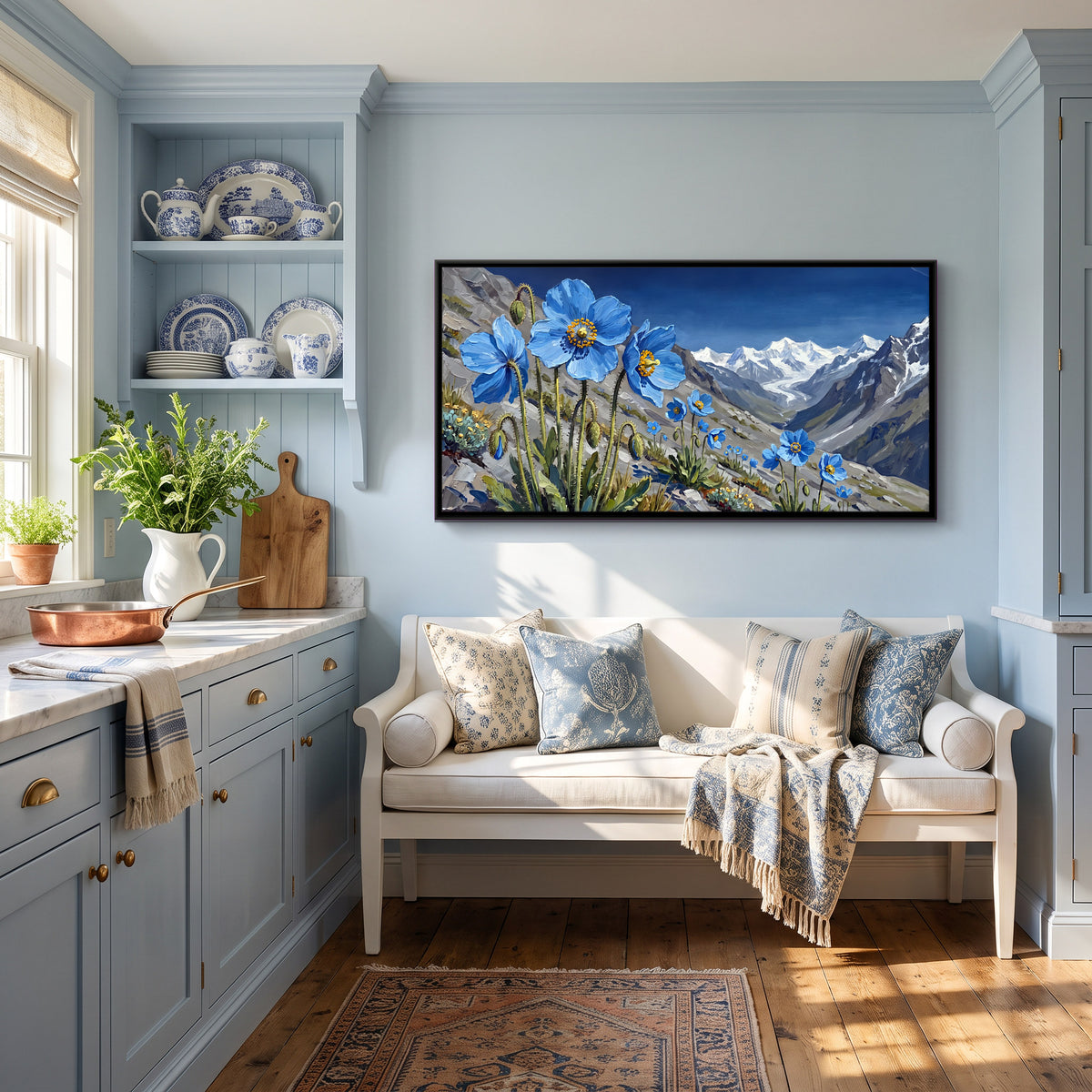 Blue Poppies Above a Glacier - canvas art shown in a second room setting