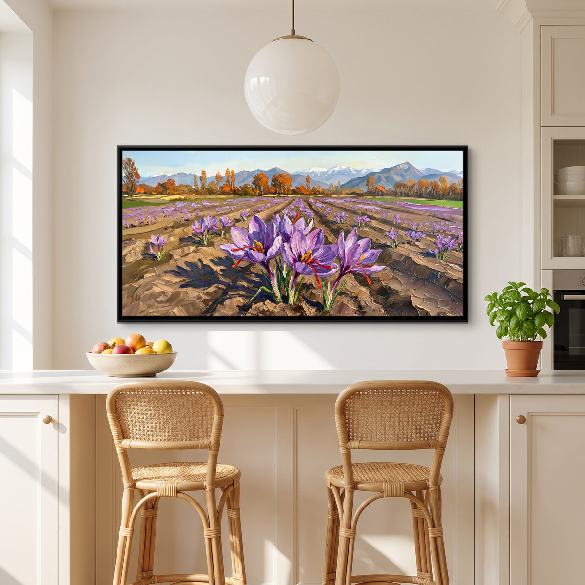 Saffron Fields in Bloom - canvas art shown in a styled room