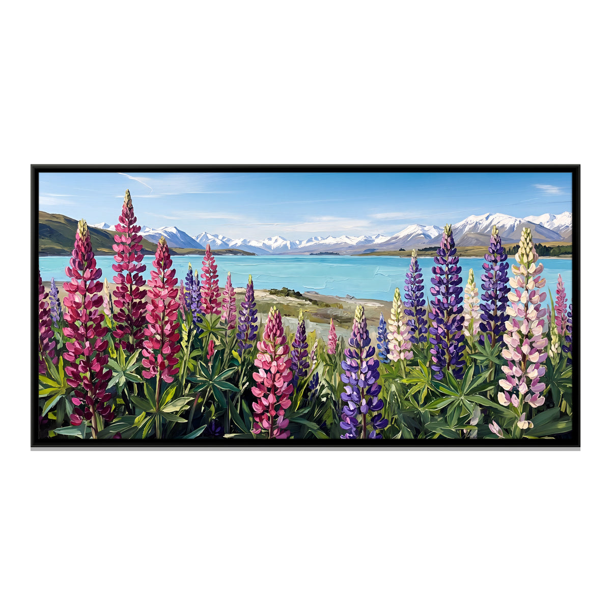 Lupins by a Turquoise Lake - framed canvas print, front view