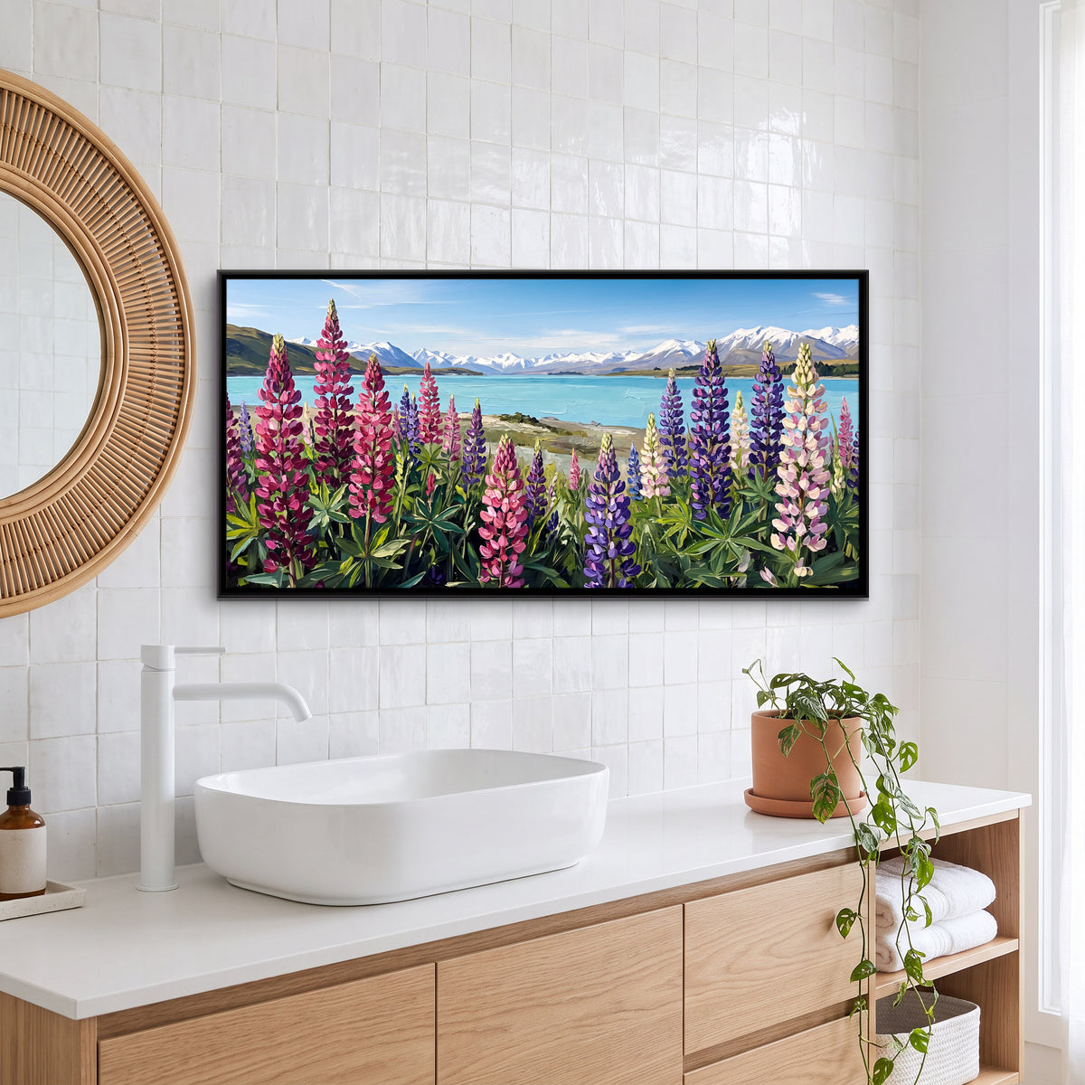Lupins by a Turquoise Lake - canvas art shown in a styled room