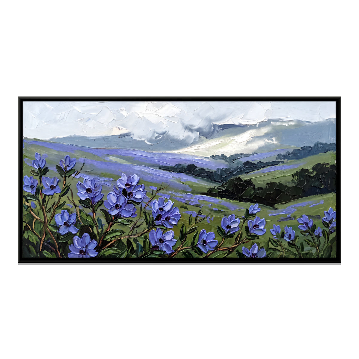 Blue Wildflowers on Misty Hills - framed canvas print, front view