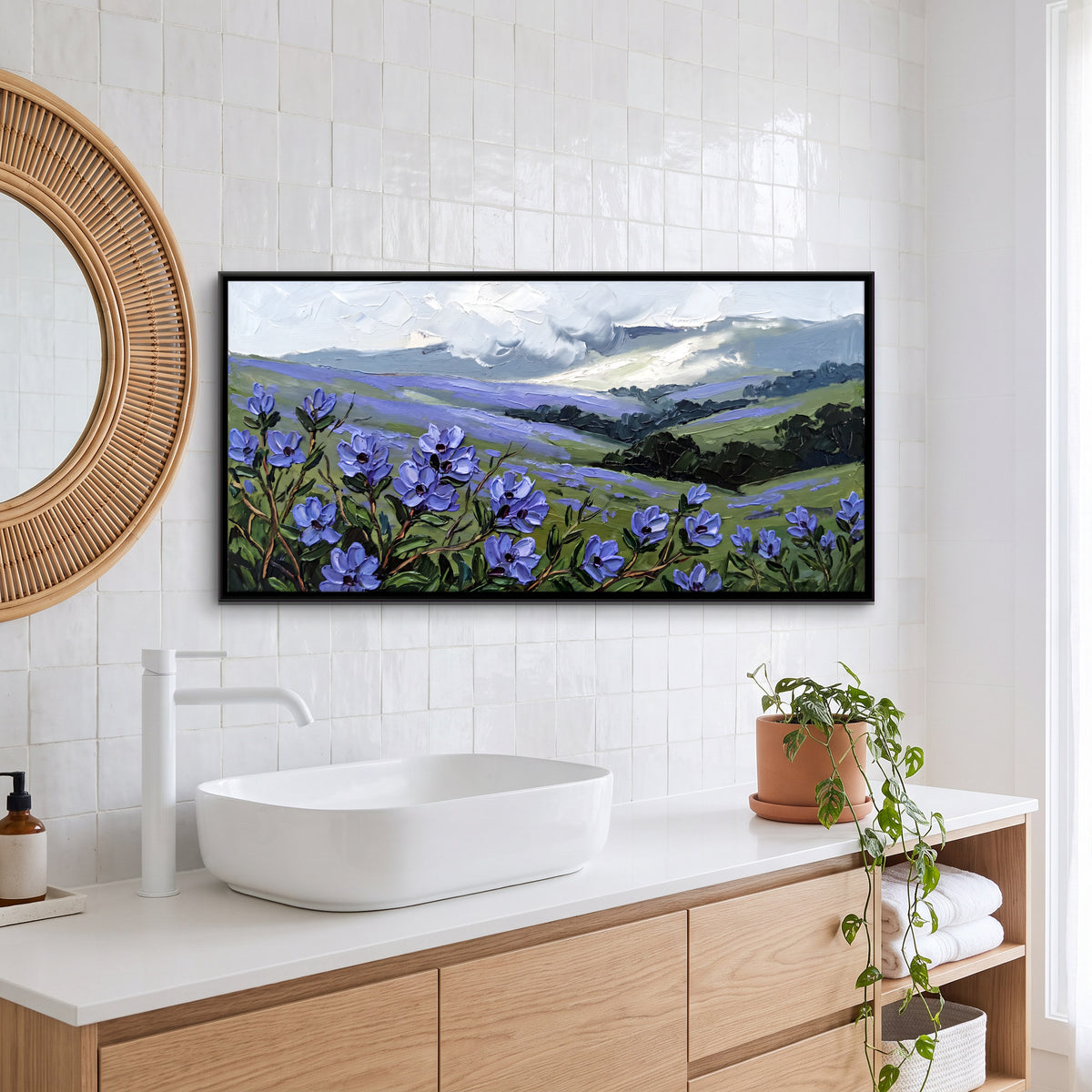 Blue Wildflowers on Misty Hills - canvas art shown in a styled room