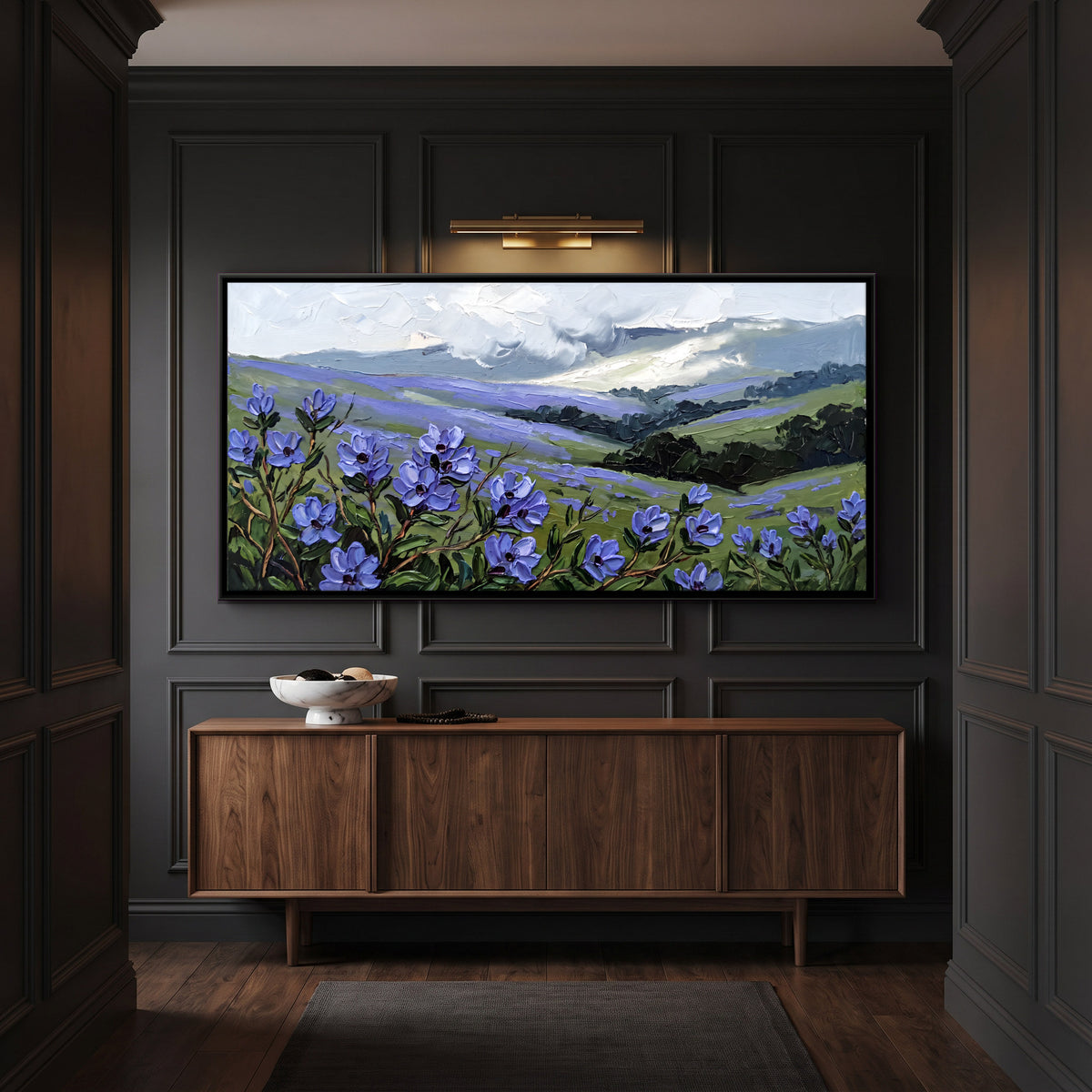 Blue Wildflowers on Misty Hills - canvas art shown in a second room setting