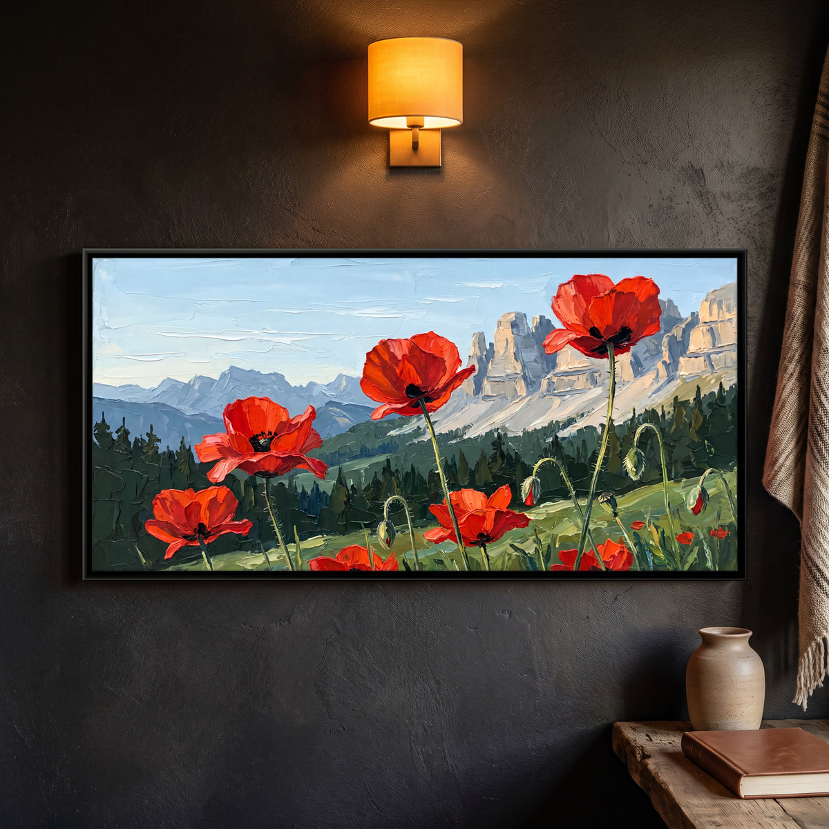 Poppies in an Alpine Meadow - framed canvas art hung on a wall