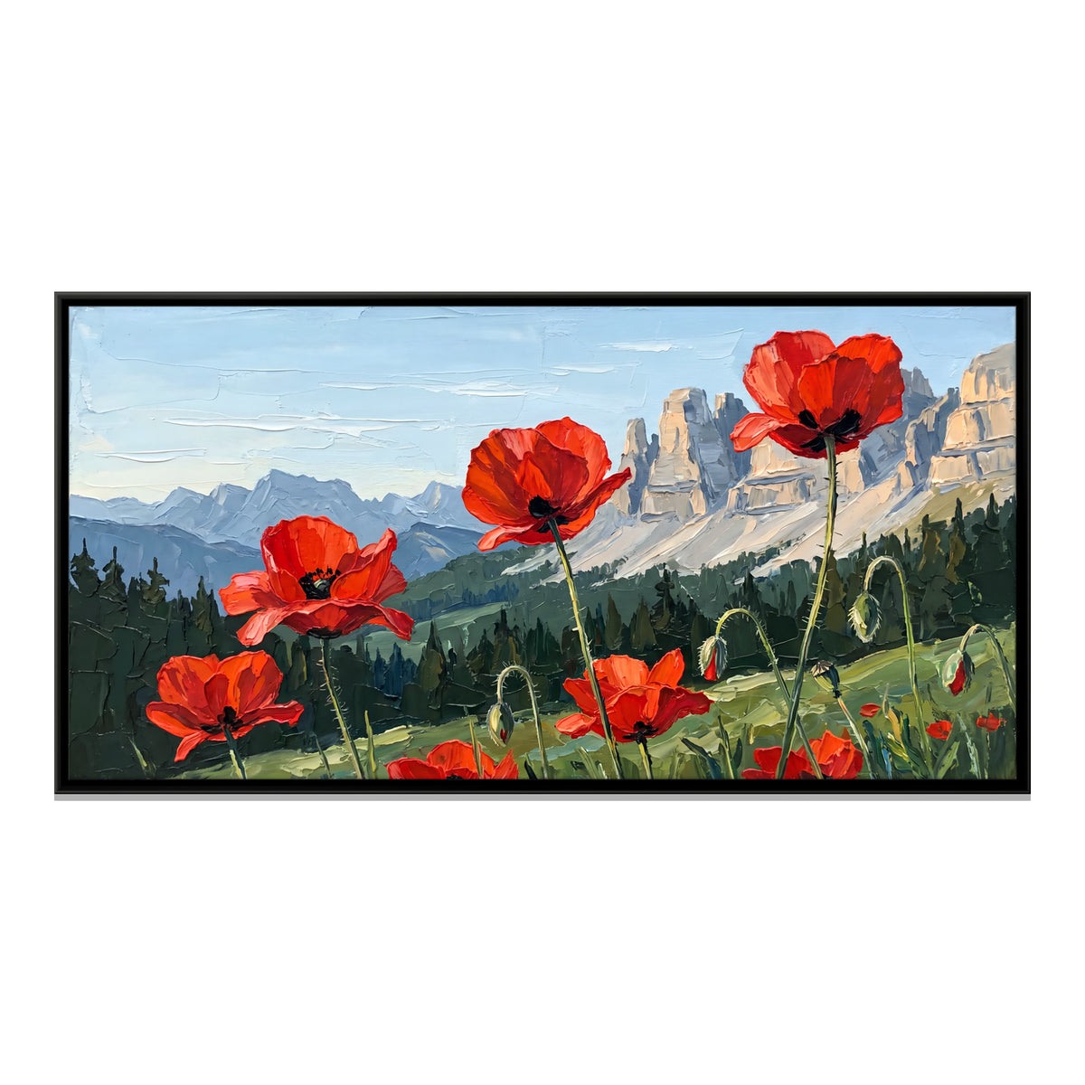 Poppies in an Alpine Meadow - framed canvas print, front view