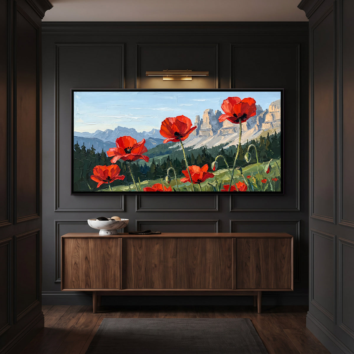 Poppies in an Alpine Meadow - canvas art shown in a styled room