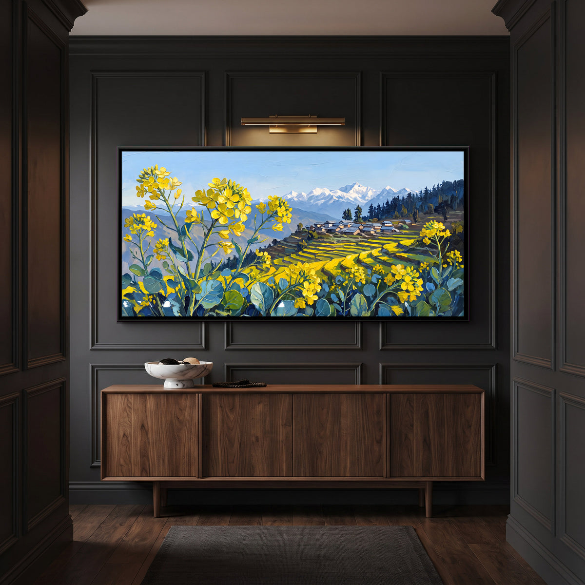 Mustard Fields in the Himalayas - canvas art shown in a second room setting