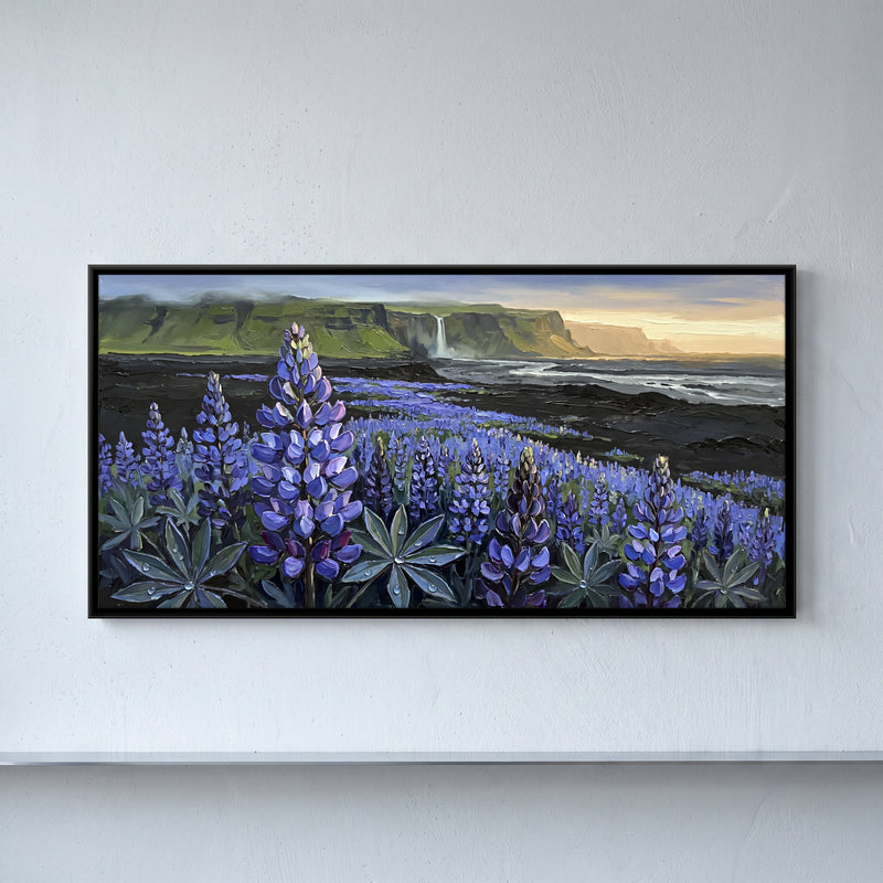 Lupins Below a Cliff Waterfall - framed canvas art hung on a wall