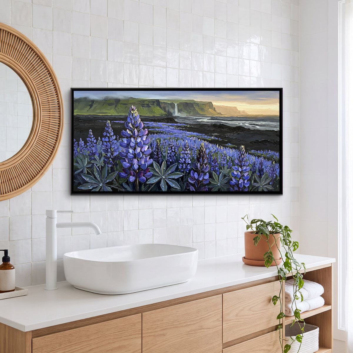 Lupins Below a Cliff Waterfall - canvas art shown in a styled room