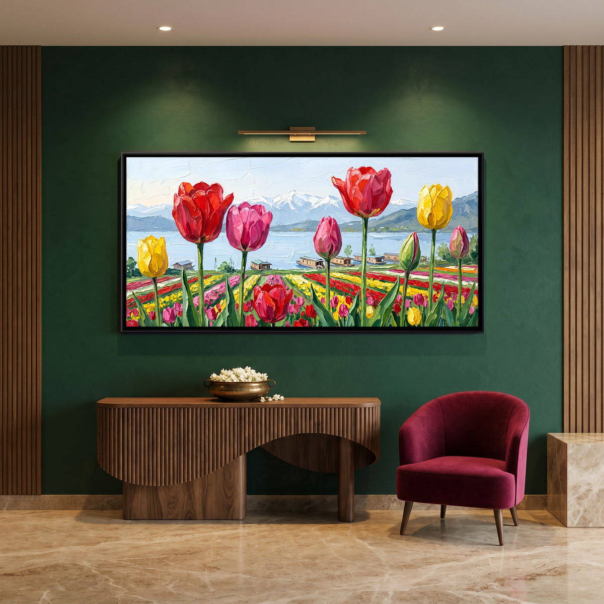 Tulip Fields in Kashmir - canvas art shown in a styled room