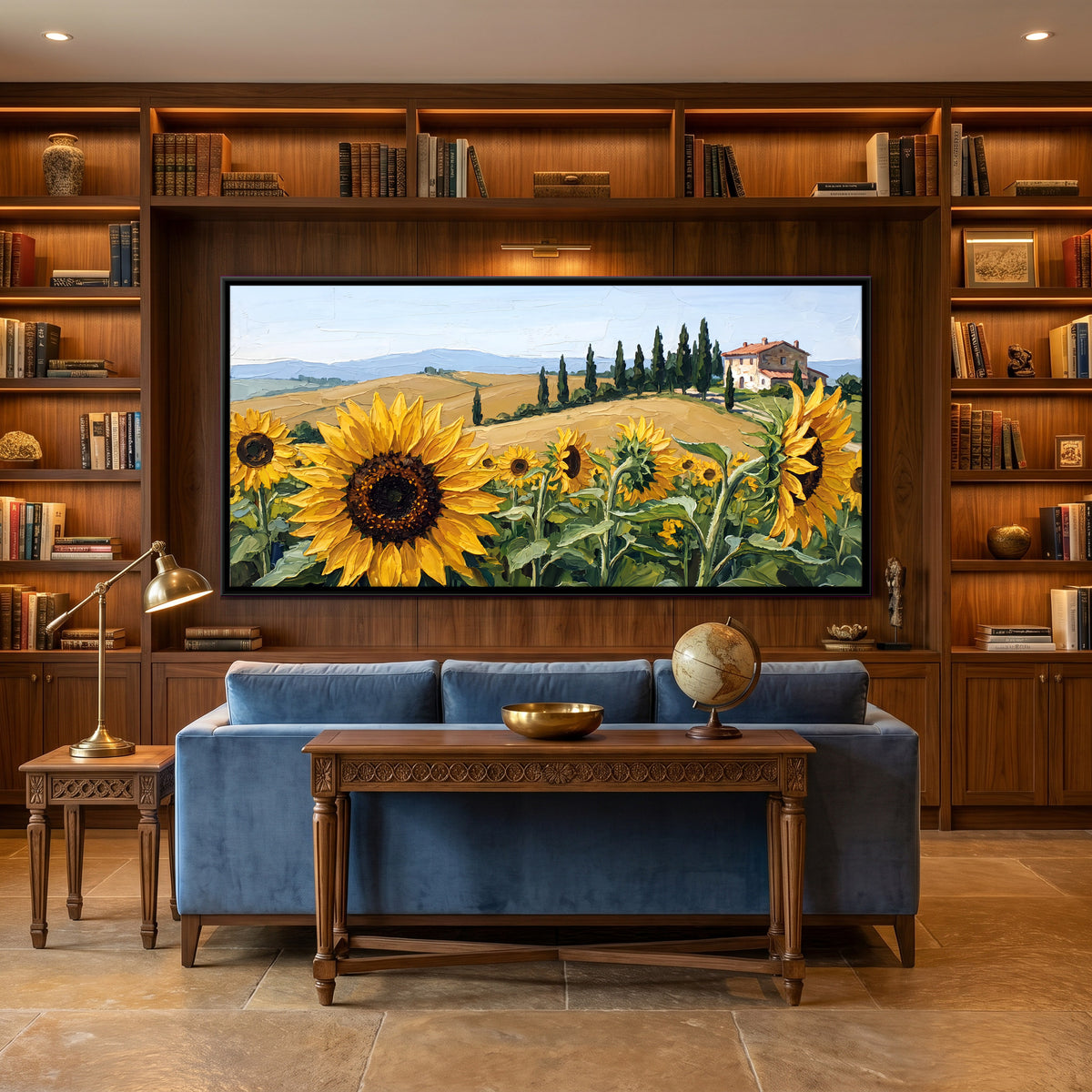 Sunflowers in Tuscany - canvas art shown in a styled room