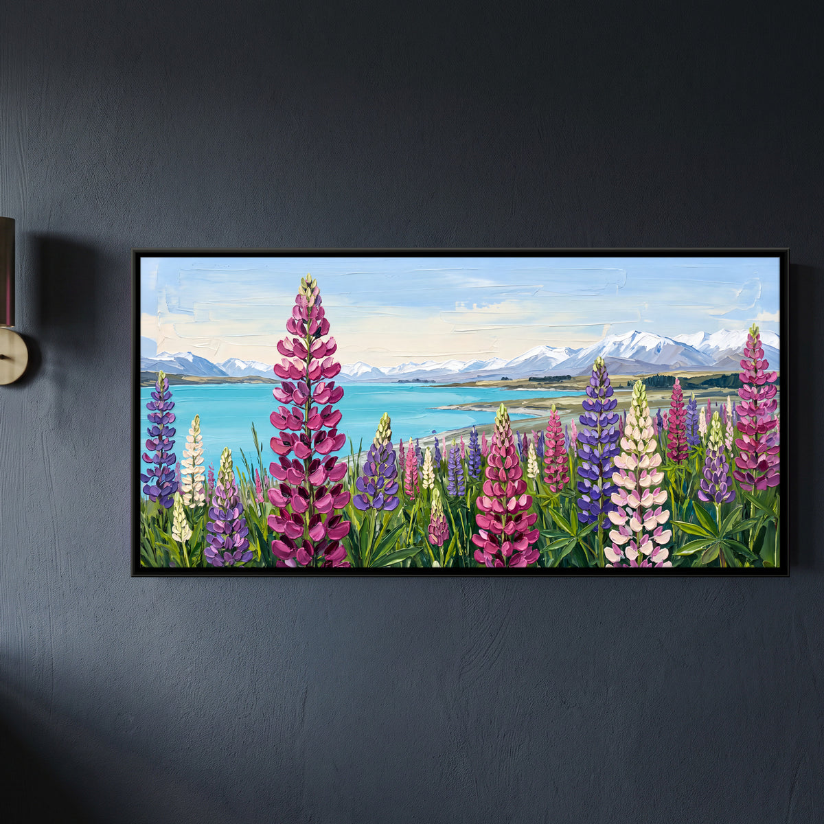 Lupins by a Turquoise Lake - framed canvas art hung on a wall