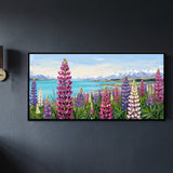 Lupins by a Turquoise Lake in Mist
