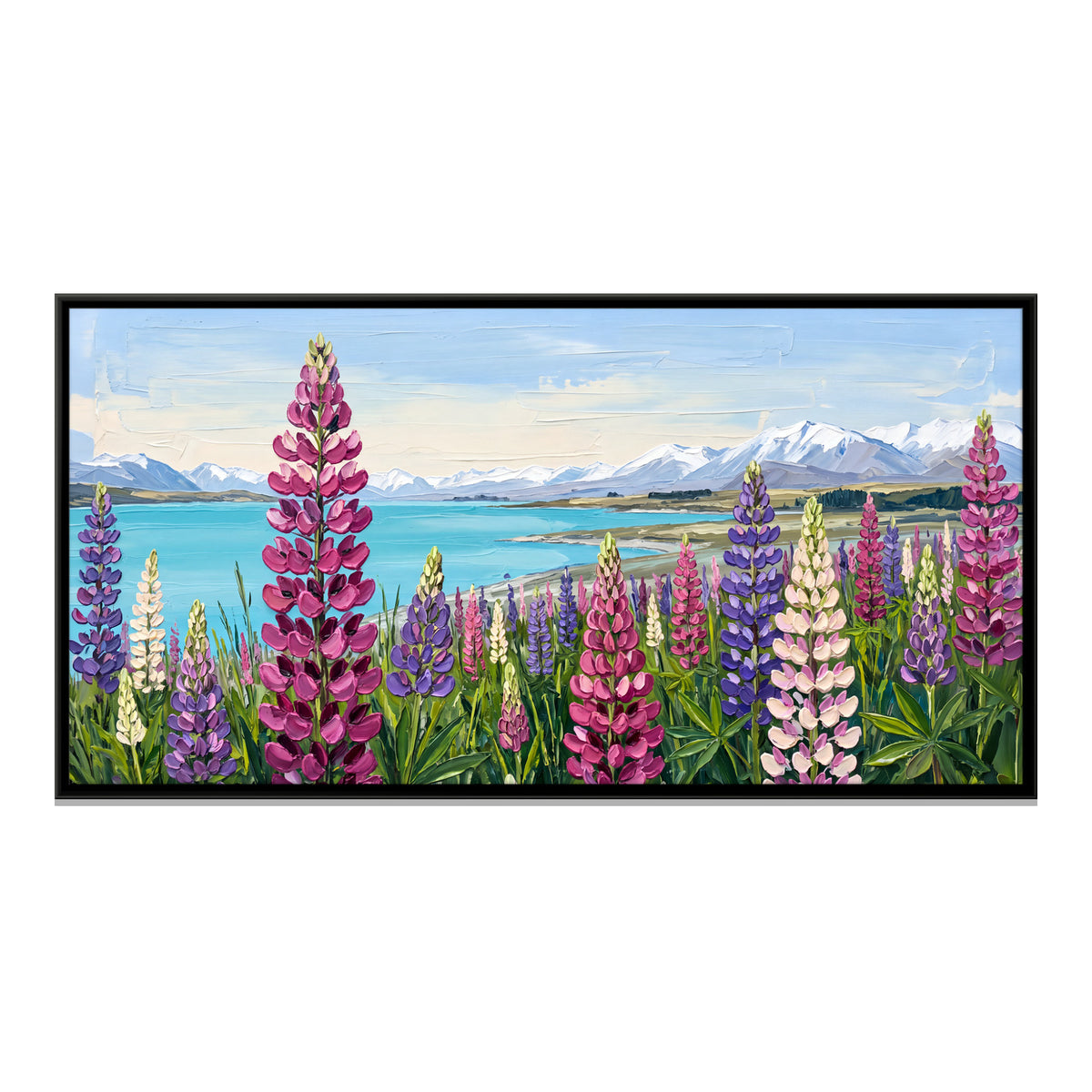 Lupins by a Turquoise Lake - framed canvas print, front view