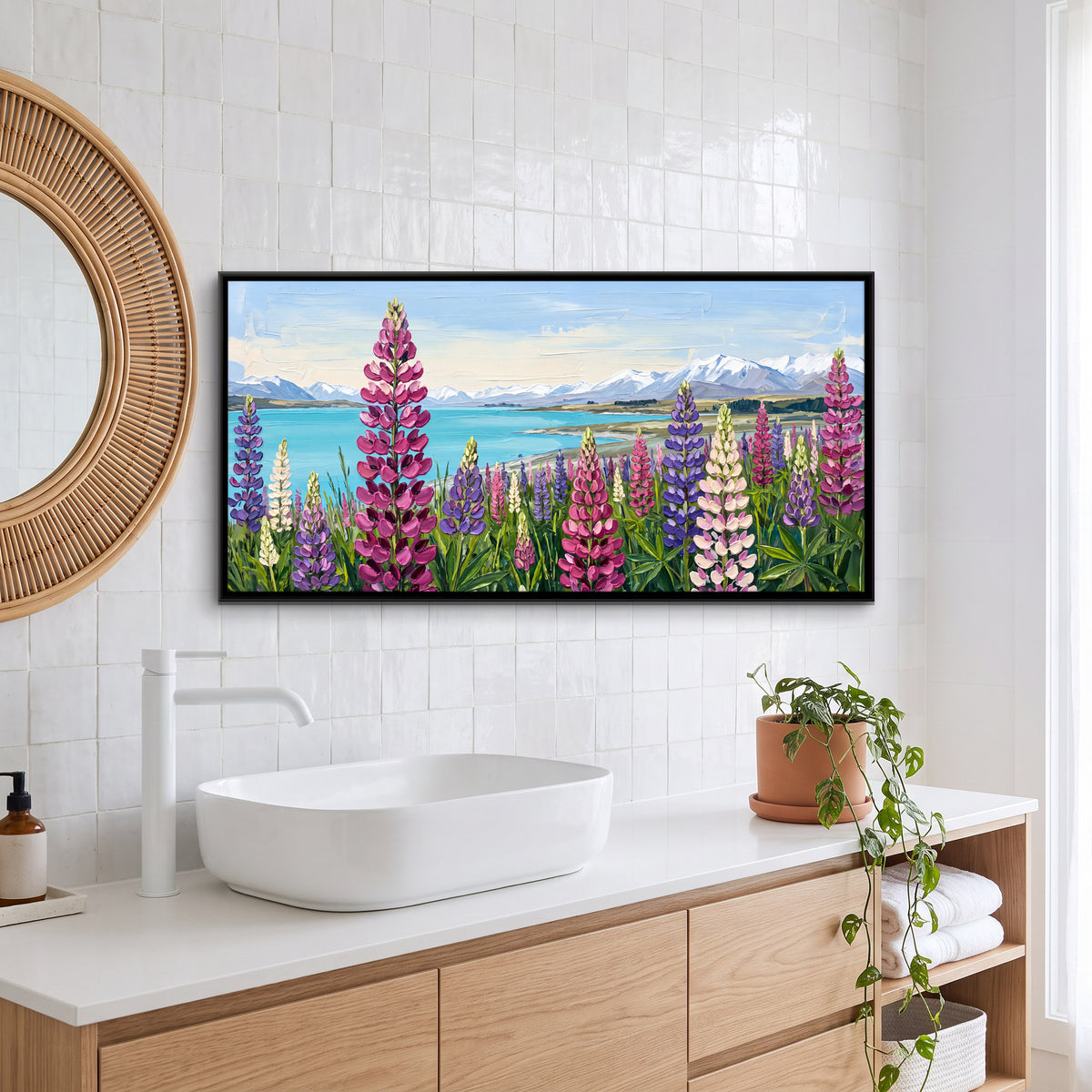 Lupins by a Turquoise Lake - canvas art shown in a styled room