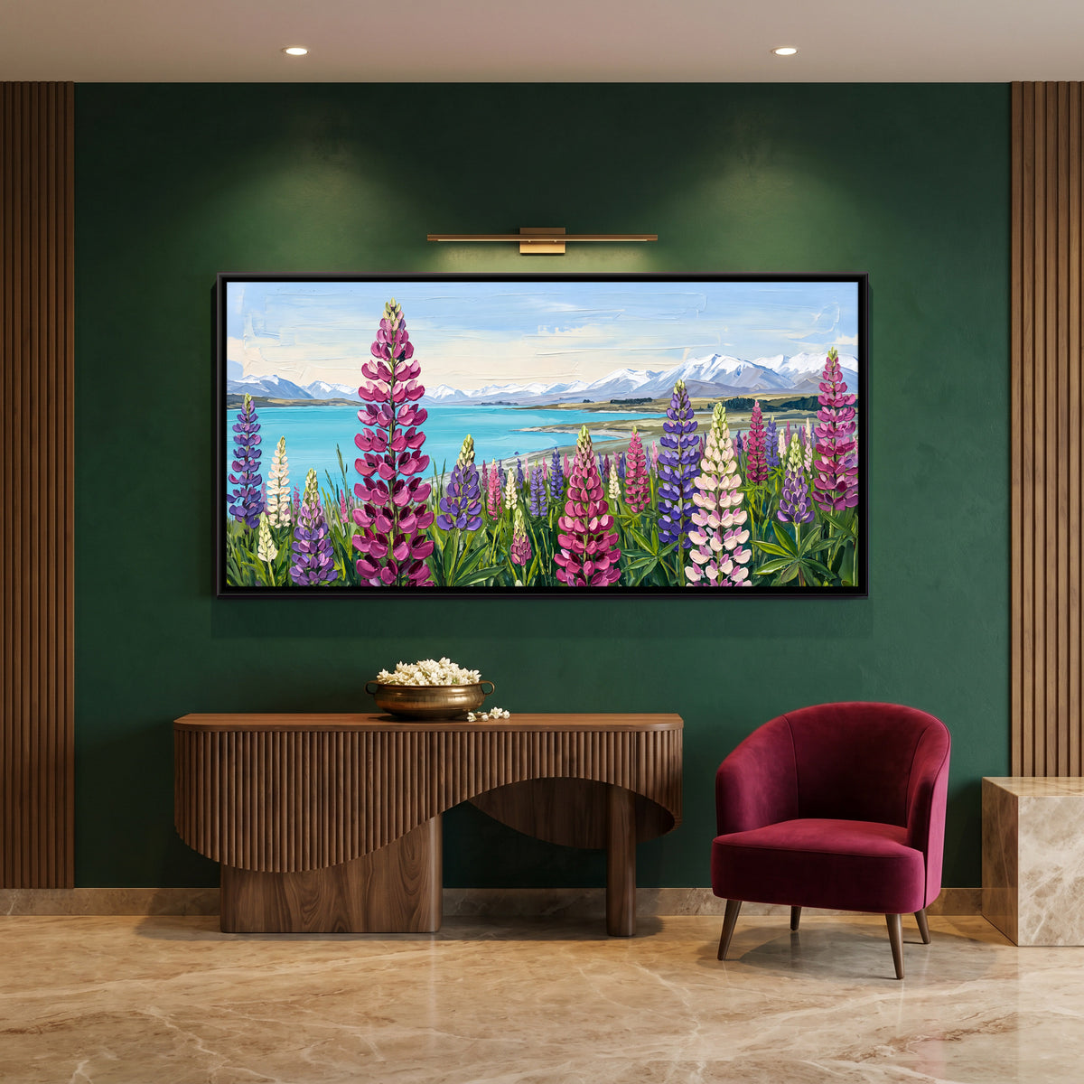 Lupins by a Turquoise Lake - canvas art shown in a second room setting