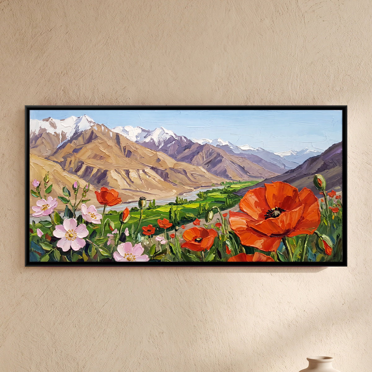 Poppies Above a River Valley - framed canvas art hung on a wall