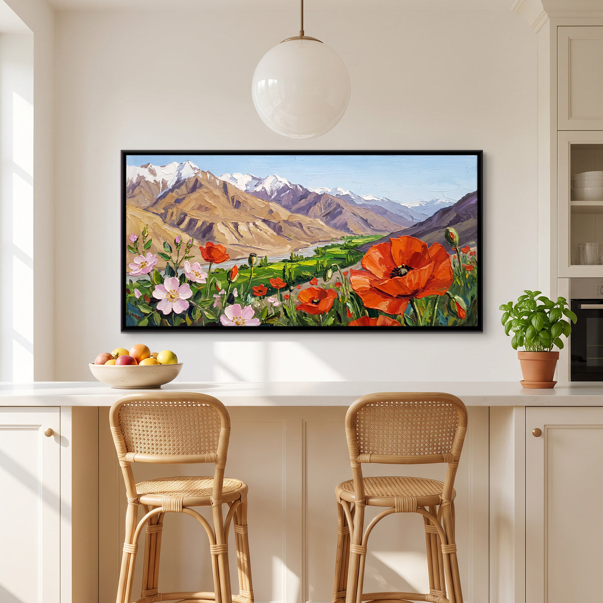 Poppies Above a River Valley - canvas art shown in a styled room