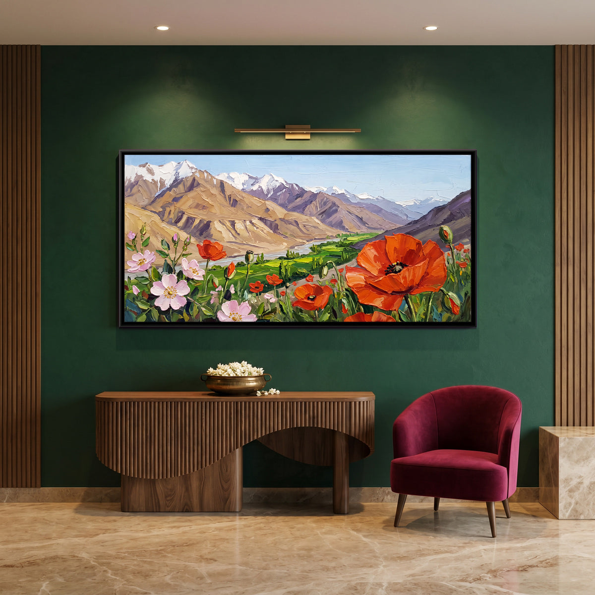Poppies Above a River Valley - canvas art shown in a second room setting