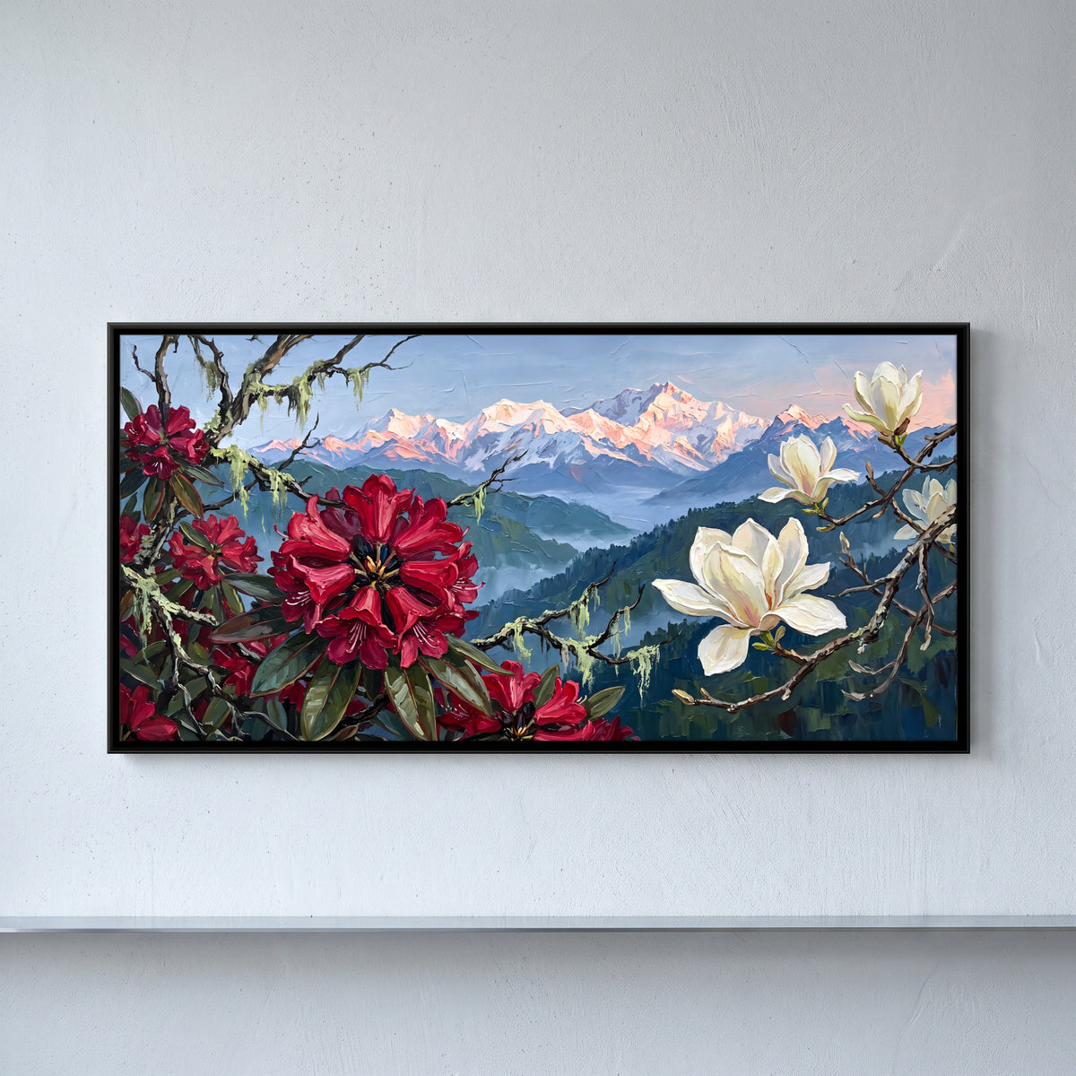 Rhododendron and Magnolia Above Snow Peaks - framed canvas art hung on a wall