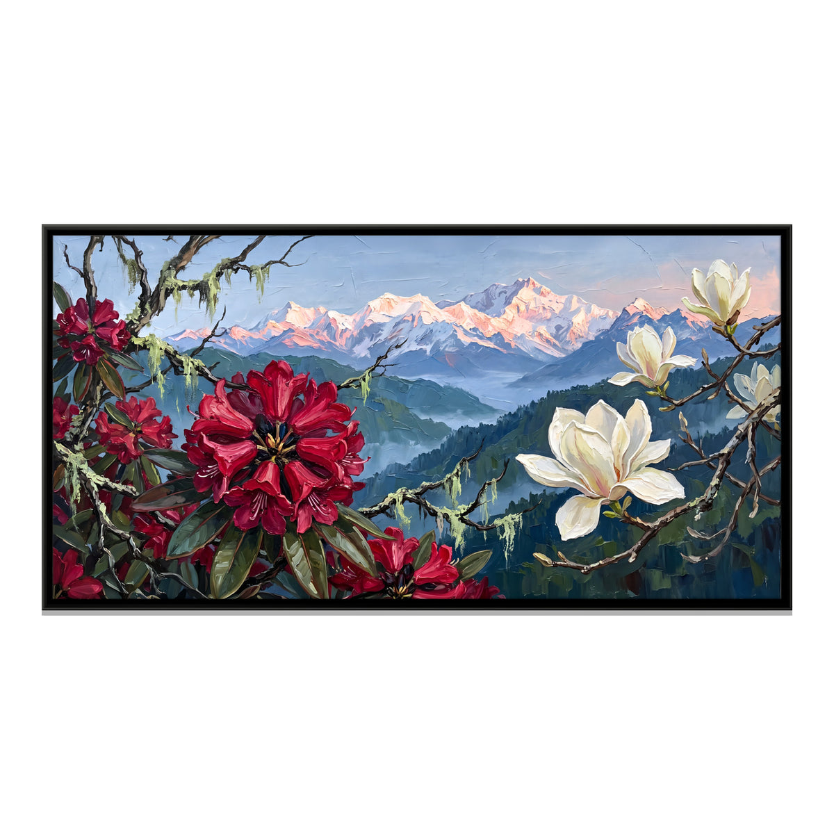 Rhododendron and Magnolia Above Snow Peaks - framed canvas print, front view