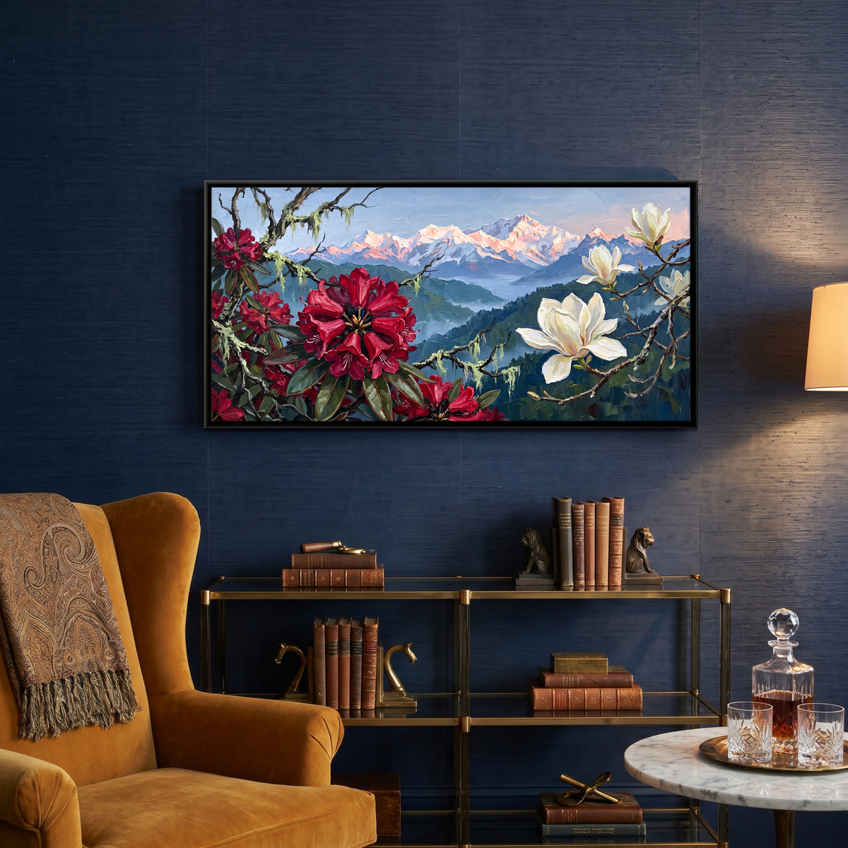 Rhododendron and Magnolia Above Snow Peaks - canvas art shown in a styled room