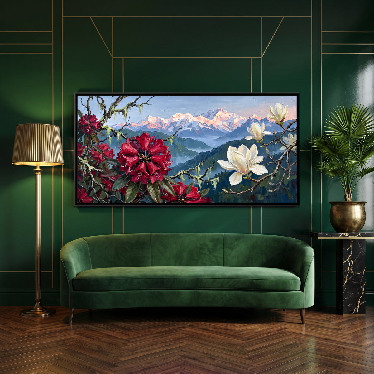 Rhododendron and Magnolia Above Snow Peaks - canvas art shown in a second room setting