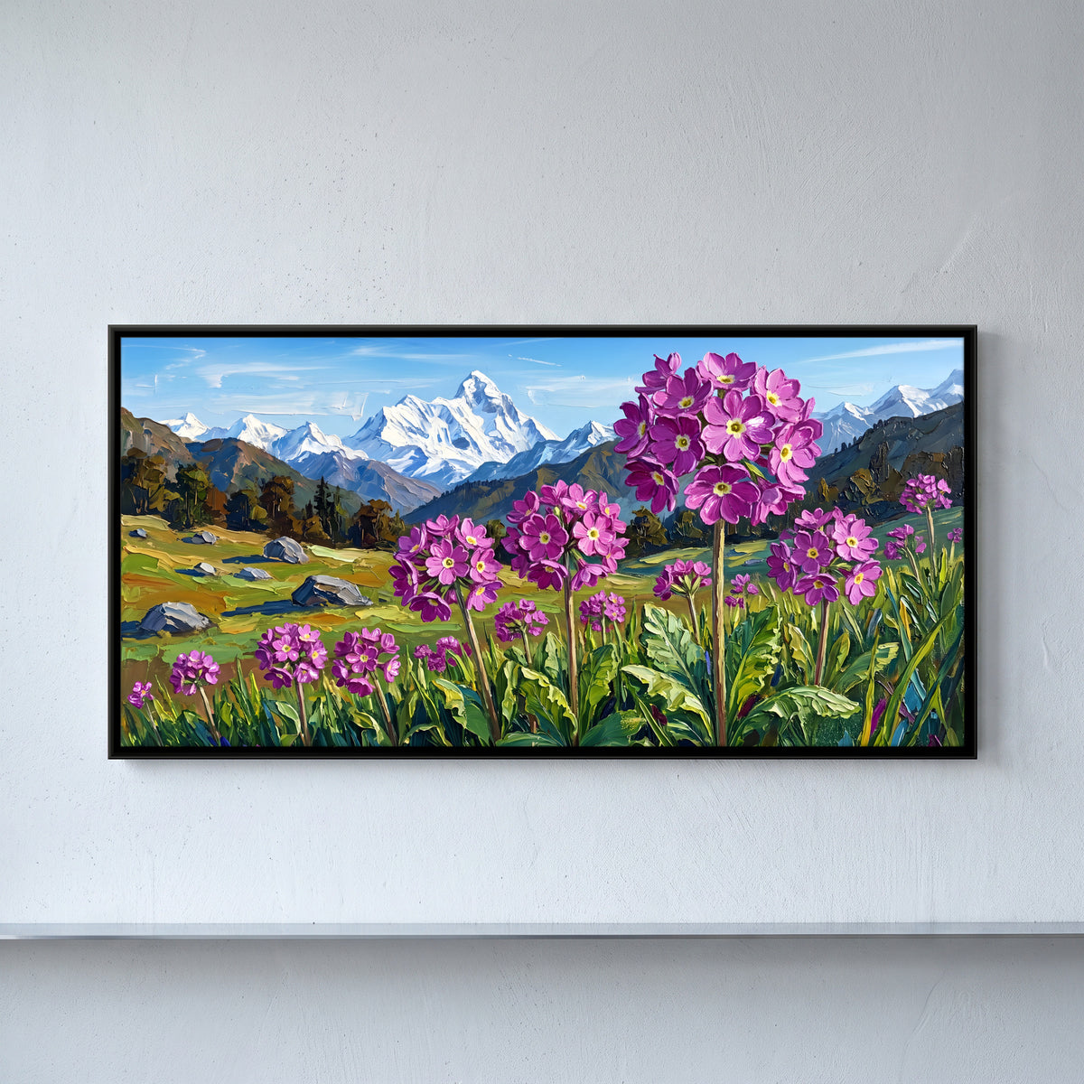 Primulas Below Snow Peaks - framed canvas art hung on a wall