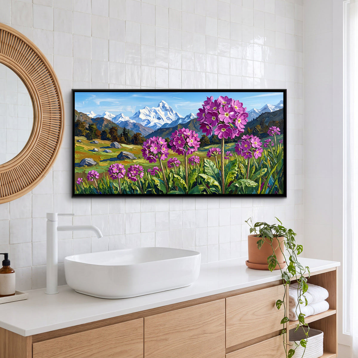 Primulas Below Snow Peaks - canvas art shown in a styled room