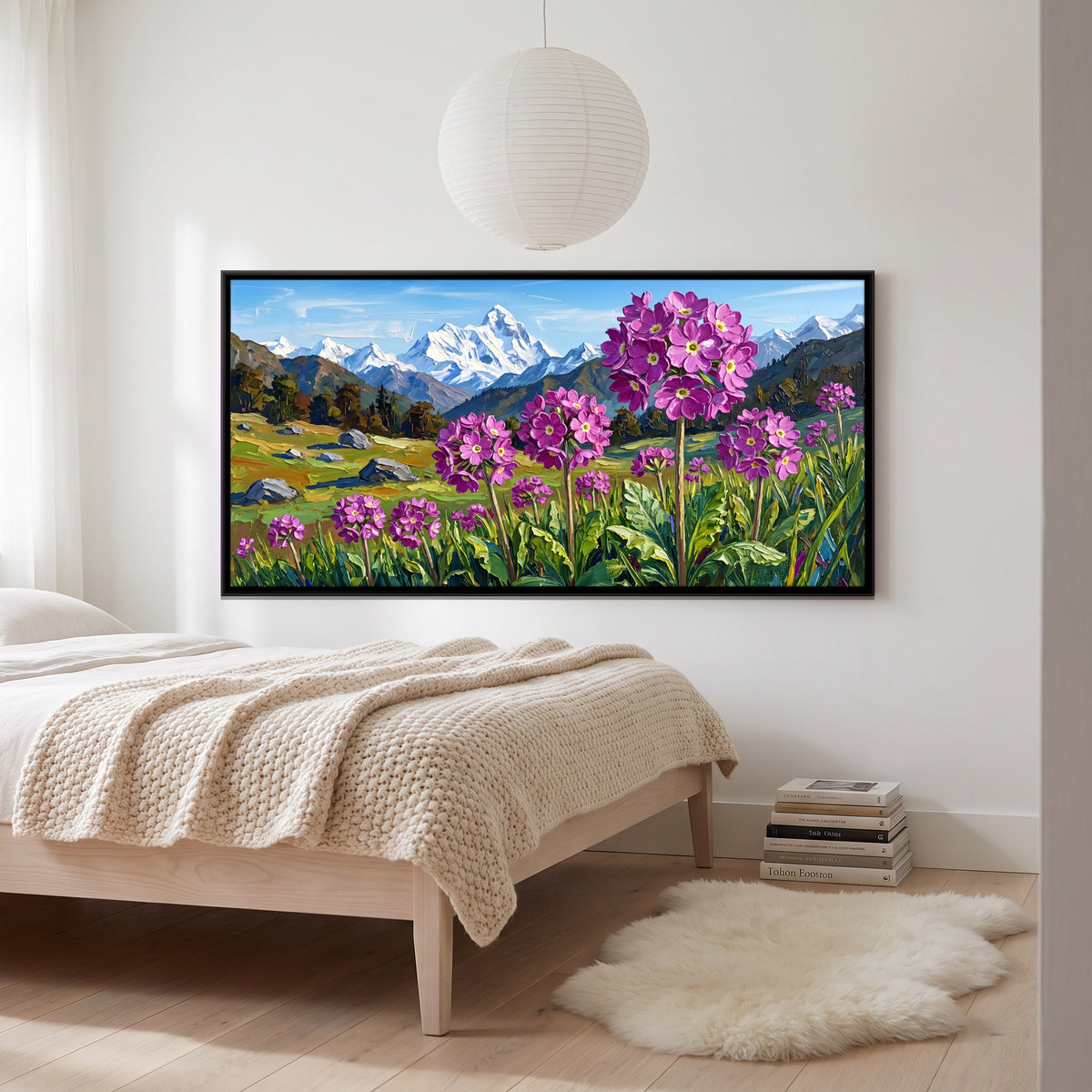 Primulas Below Snow Peaks - canvas art shown in a second room setting