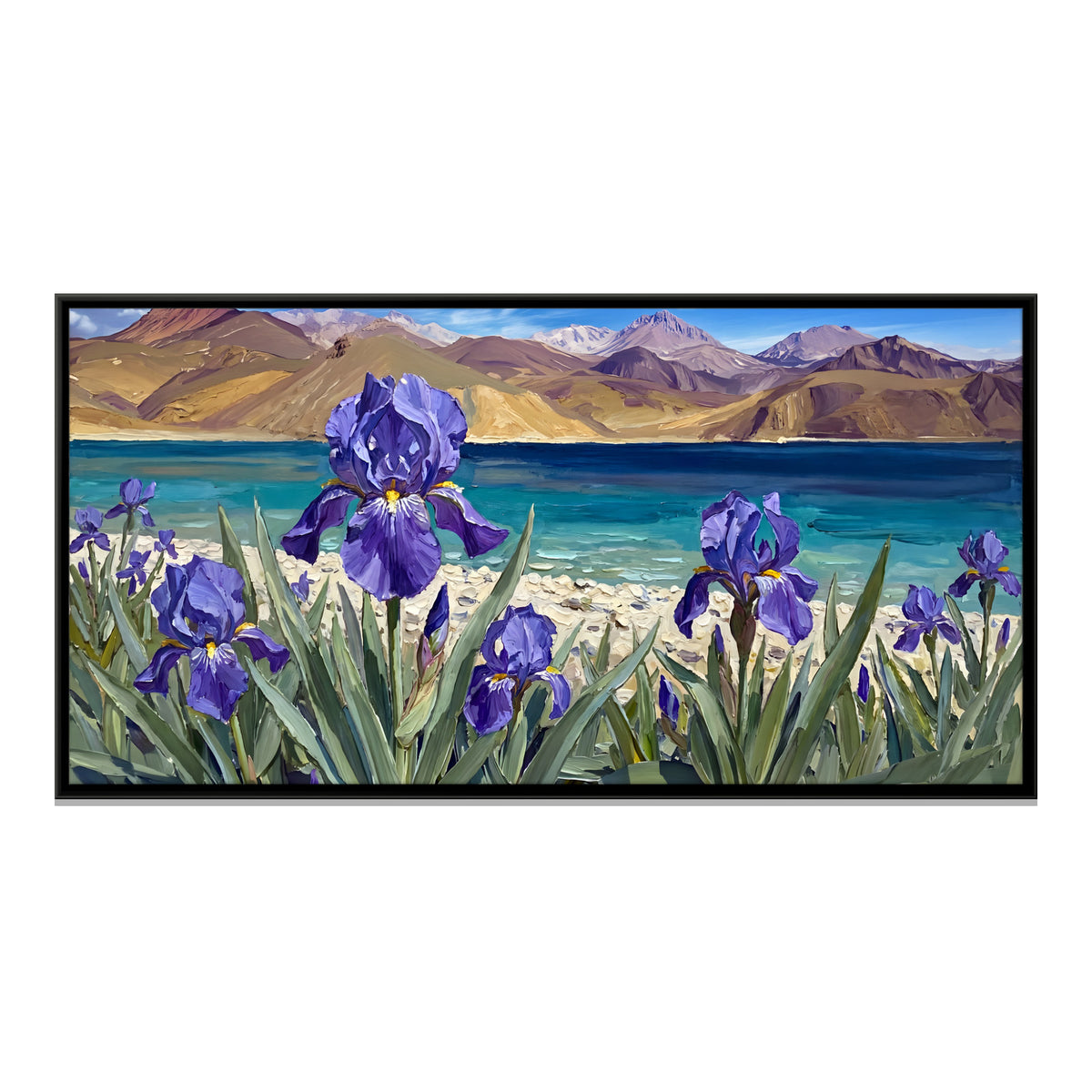 Irises Beside a Turquoise Lake - framed canvas print, front view