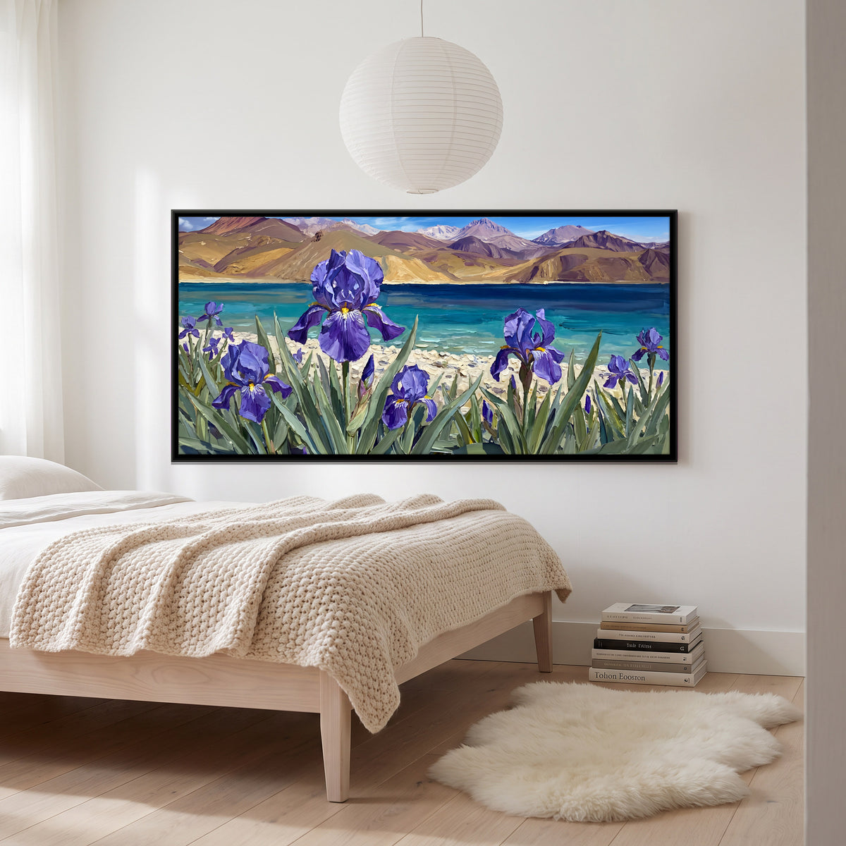 Irises Beside a Turquoise Lake - canvas art shown in a second room setting