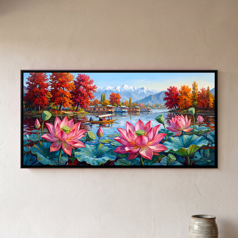 Lotus and Houseboats in Autumn - framed canvas art hung on a wall