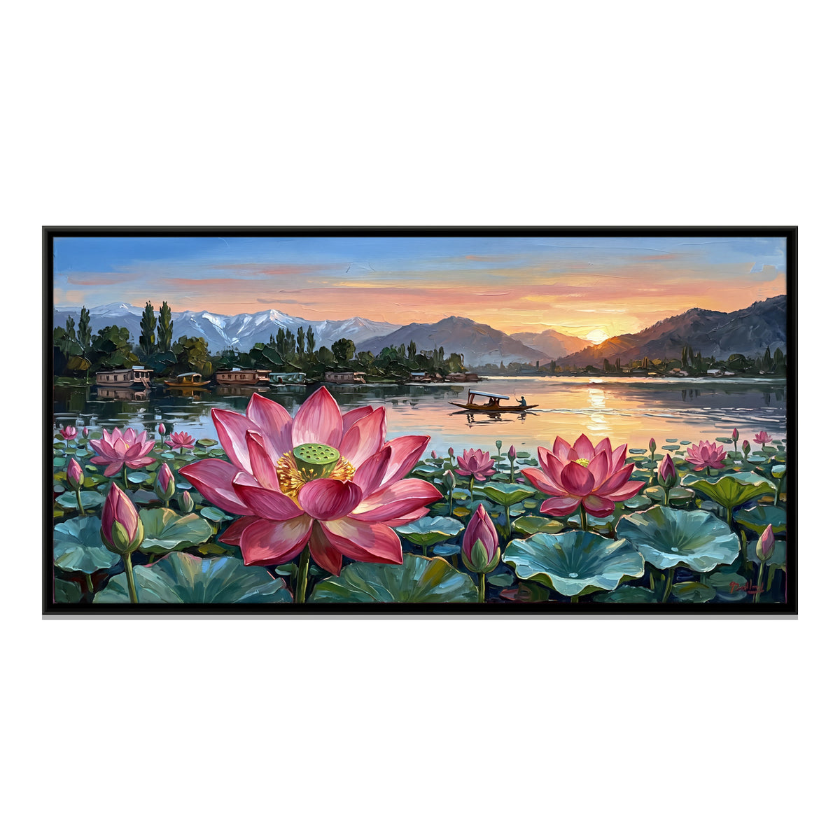 Lotuses on Dal Lake at Sunrise - framed canvas print, front view