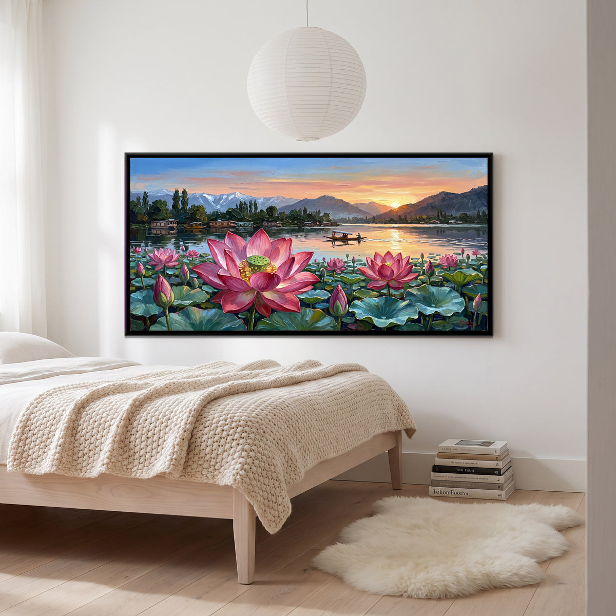 Lotuses on Dal Lake at Sunrise - canvas art shown in a second room setting