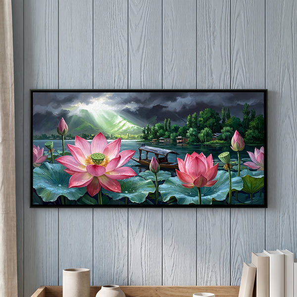 Lotus Flowers on a Lake Under a Stormy Sky