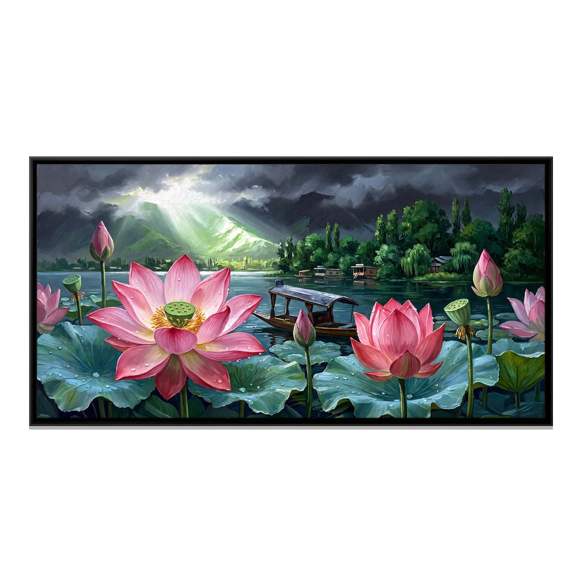 Lotus Under a Stormy Sky - framed canvas print, front view