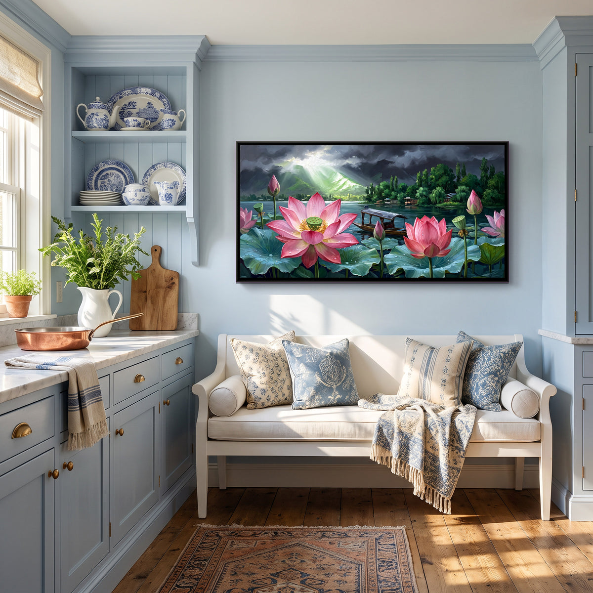 Lotus Under a Stormy Sky - canvas art shown in a second room setting