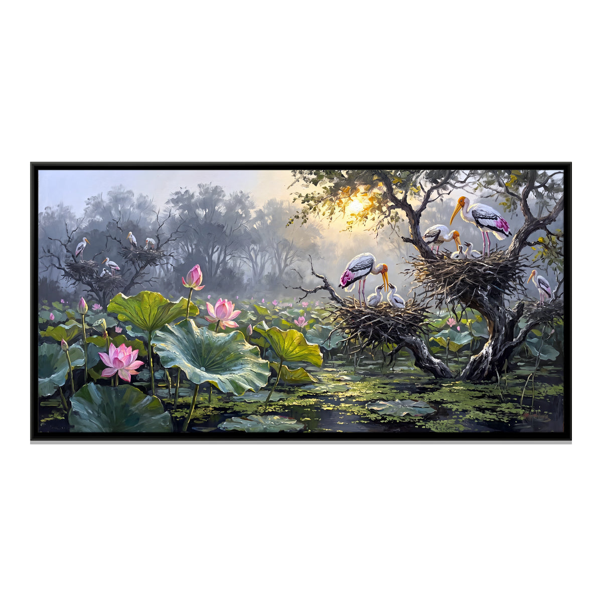 Painted Storks Nesting Over a Lotus Pond - framed canvas print, front view