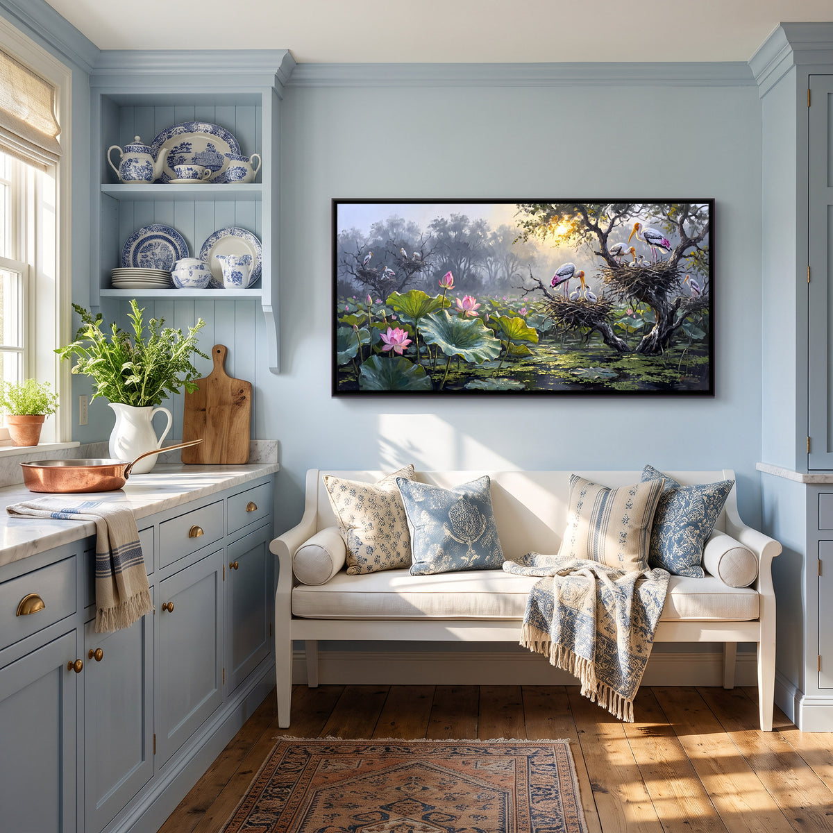 Painted Storks Nesting Over a Lotus Pond - canvas art shown in a second room setting