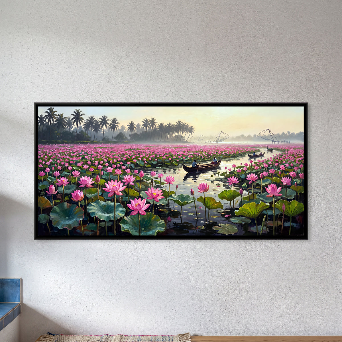 Boatmen on a Lotus Lake - framed canvas art hung on a wall