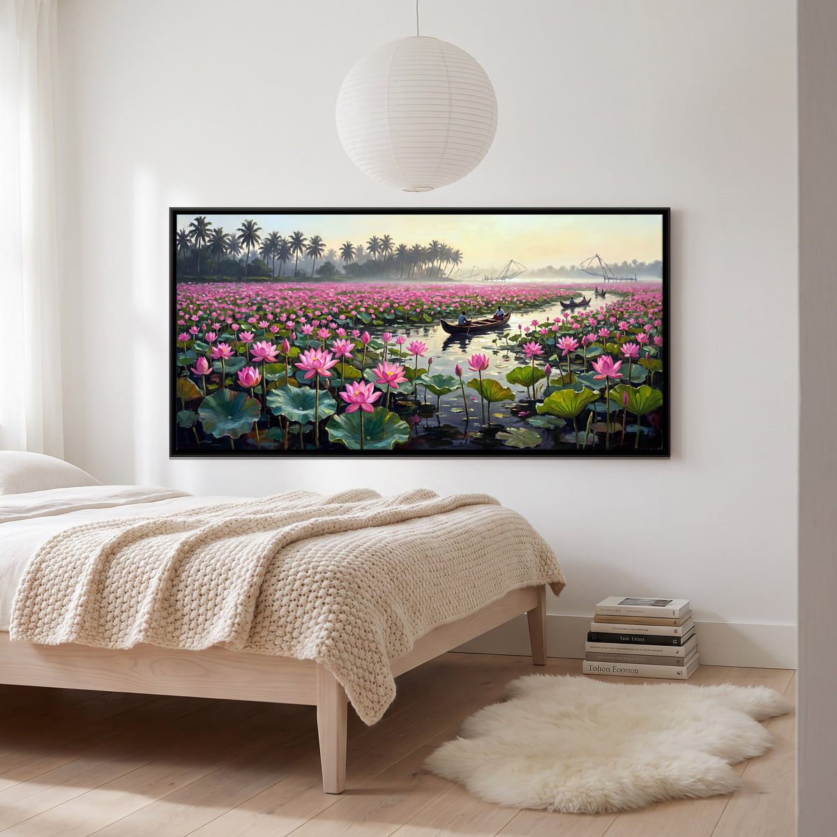 Boatmen on a Lotus Lake - canvas art shown in a styled room