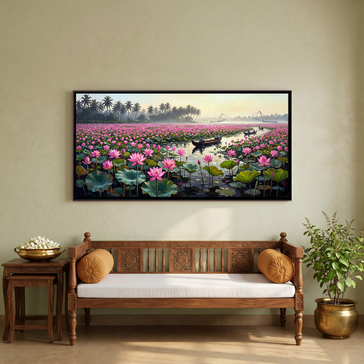 Boatmen on a Lotus Lake - canvas art shown in a second room setting
