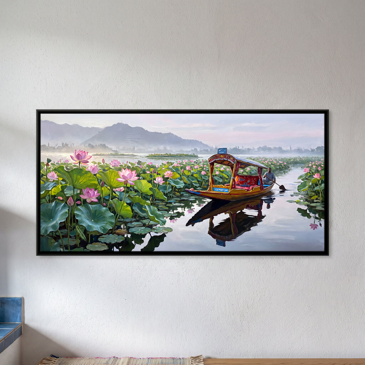 Shikara on a Lotus Lake - framed canvas art hung on a wall