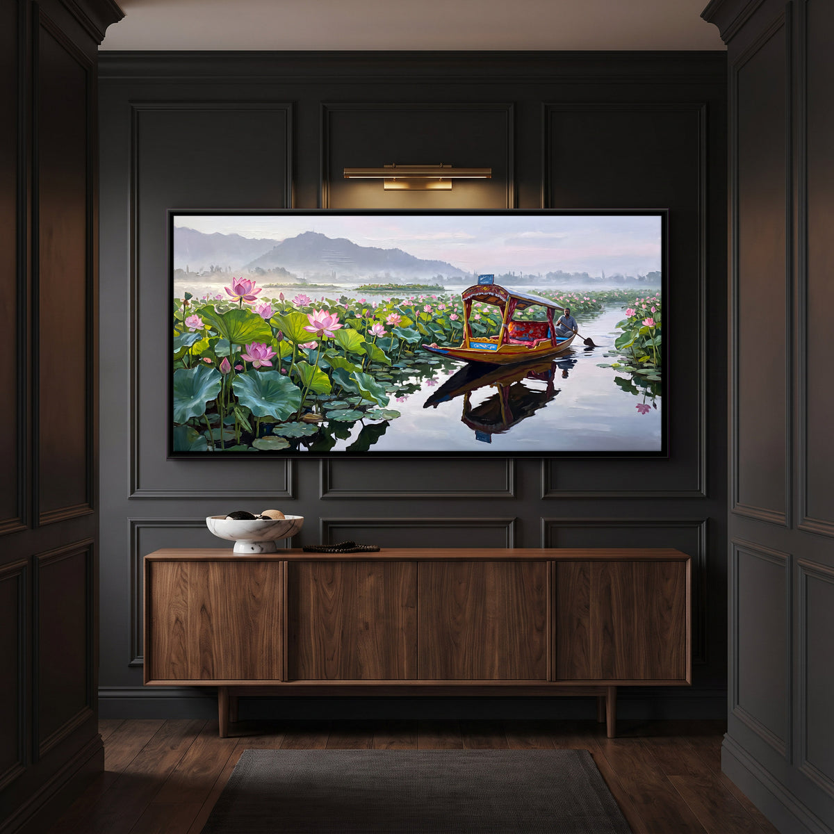 Shikara on a Lotus Lake - canvas art shown in a second room setting