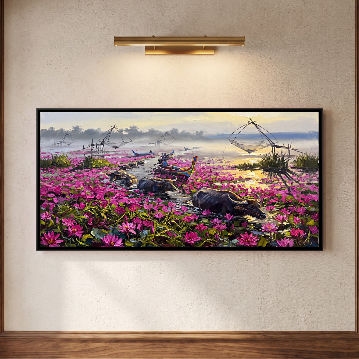 Buffalo Wading Through Water Lilies - framed canvas art hung on a wall